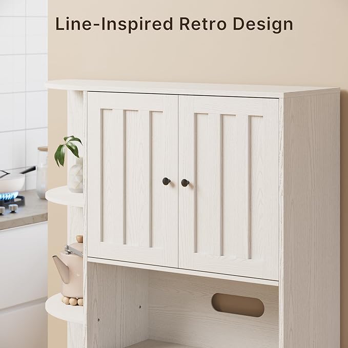 Gizoon 60.4" Pantry Cabinet with Coffee Bar, Tall Kitchen Pantry Storage Cabinet with Microwave Stand and 2 Drawers, Farmhouse Hutch with 4 Open Tiers for Dining Room and Kitchen Organization, White