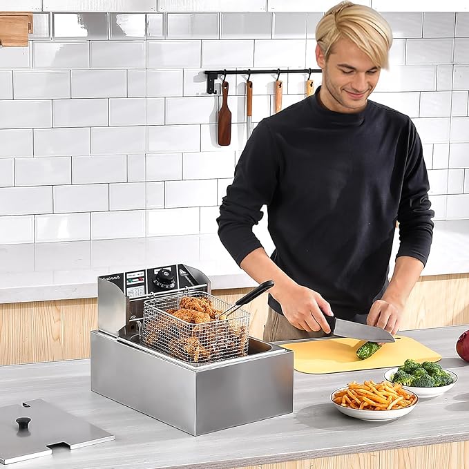 Commercial Deep Fryer with Baskets, 1700W 9.7QT/9.1L Thickened Stainless Steel Countertop Electric Oil Fryer, Large Capacity with Temperature Control (6L)