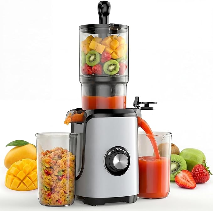 DUMOS Masticating Juicer Machines, Cold Press Juicer with 4.25" Wide Feed Chute, High Juice Yield for Whole Vegetables & Fruits, Easy to Clean, Silver