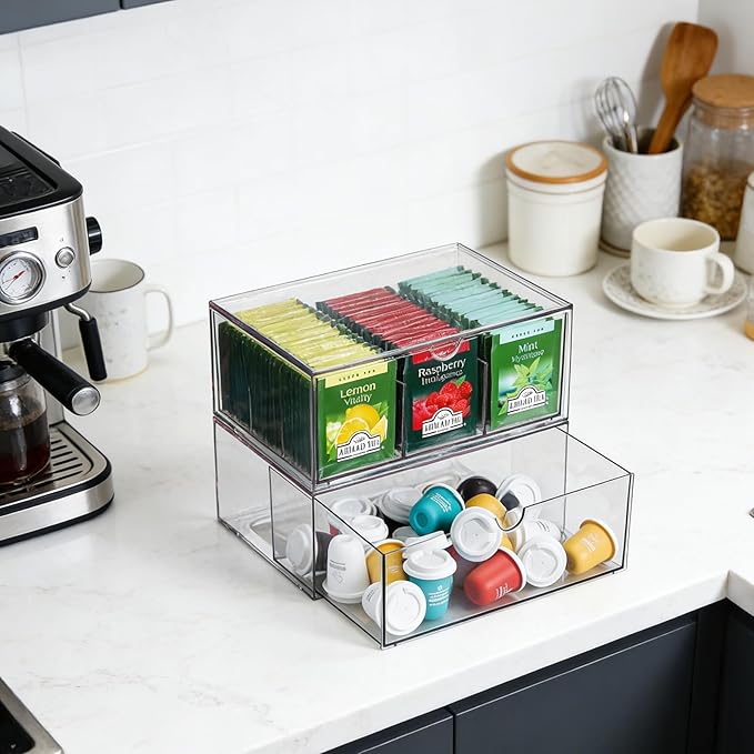 CLUQMEIK 2 Acrylic Tea and Coffee Organizer, 9 Grids Tea Bag Organizer Box and 1 Compartment Coffee Pod Storage Box, Acrylic Drawers Stackable Design Suitable for Storing Pods Creamers Sugar Packets