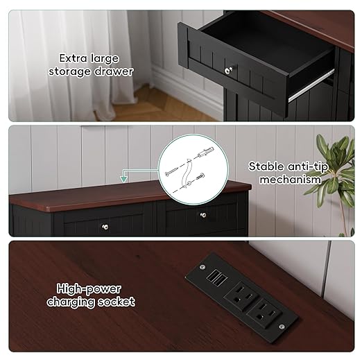 Betterhood Double Tilt Out Trash Cabinet with Power Outlet, 10 Gallon Trash Cabinet with Storage,Pet Proof Trash Can with 2 AC & USB Sockets for Kitchen,Living Room (Black, Double Door)