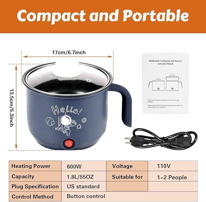 Hot Pot Electric with Steamer, Rapid Noodles Cooker, 55 Oz Stainless Steel Electric Pot for Cooking Dorm, Anti-Dry Burning, Non Stick Portable Electric Pot for Raman Soup Noodles Ect (Single Layer)