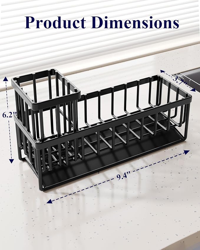 Kitsure Sponge Holder for Kitchen Sink - Rustproof Stainless Steel Sink Caddy Organization and Storage Essentials with High Brush Holder, Home Decor Accessories, 9.4" x 3.7" x 6.2", Black