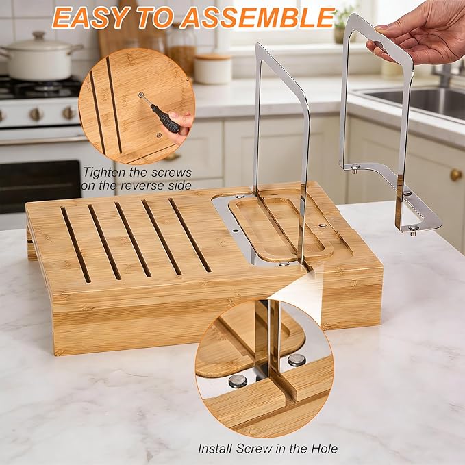 Bamboo Sourdough Bread Slicer for Homemade Breads with Bread Knife，Adjustable Slice Thickness and Bread Width, Stainless Steel Cutting Guides with Crumb Tray for Round Sourdough & Homemade Breads