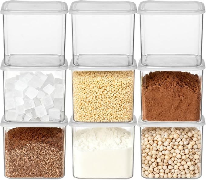 novelinks Clear Plastic Jars with Lids, Reusable Empty Rectangular Storage Containers for Household and Kitchen Organizing (9 Pack Medium)