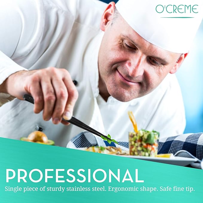 O'Creme Stainless Steel Precision Kitchen Tweezer Tongs 6.25" with Fine Tip (Blue)