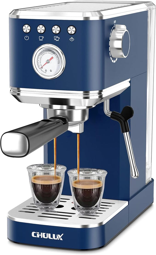 CHULUX Slim Espresso Machine with Milk Frother, 20 Bar Professional Italian Pump Espresso Coffee Machine for Home Cappuccino & Latte Maker, Stainless Steel, Navy