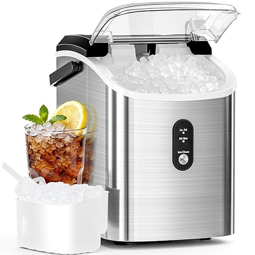 Antarctic Star Nugget Ice Maker Countertop, Soft Chewable Ice, Portable Sonic Ice Maker with Basket and Scoop, Removable Top Cover, Auto-Cleaning for Home/Party/RV/Camping (Stainless Steel Silver)