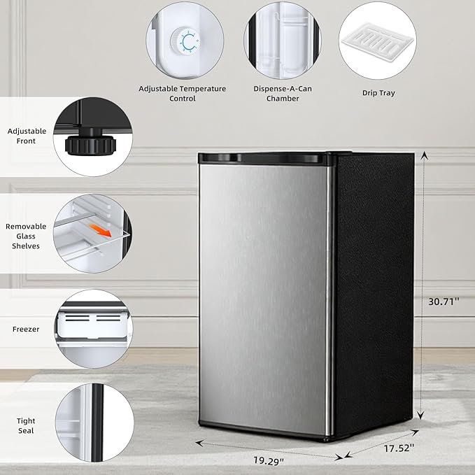 Antarctic Star 3.2 Cu.Ft.Compact Refrigerator with Freezer, Mini Fridge Single Door with Adjustable Thermostat,Removable Glass Shelves for Apartment,Dorm,Office,Kitchen，SILVER
