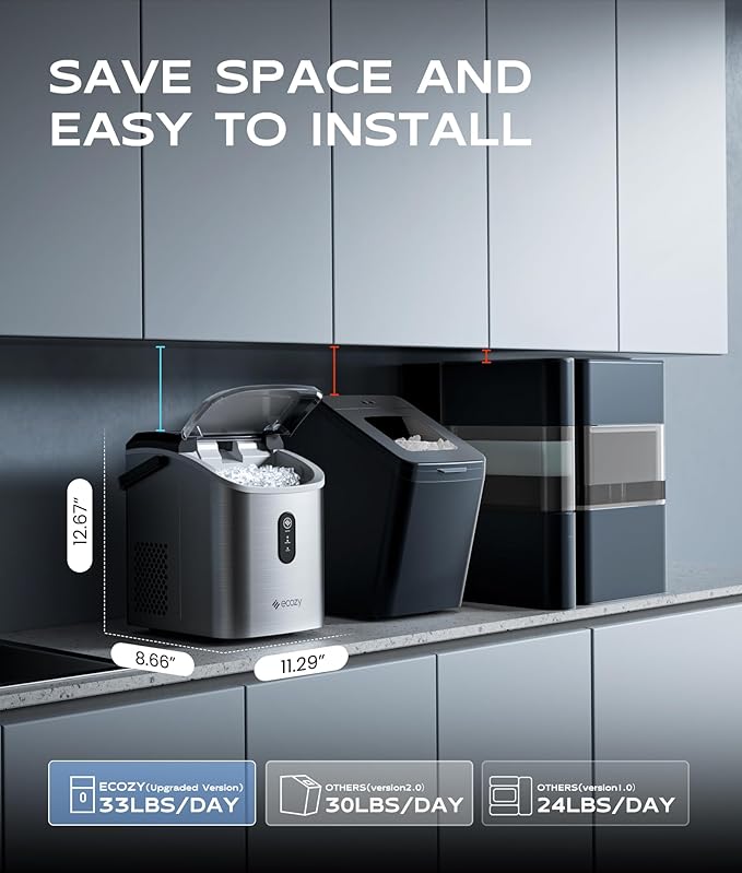 ecozy Nugget Ice Maker Countertop, Smart Portable Crushed Ice Maker with Voice Control, Pellet Chewable Ice 33lbs/24H, Self-Cleaning, with APP WiFi, Timer Function and Status Alerts, Bonus TDS Meter