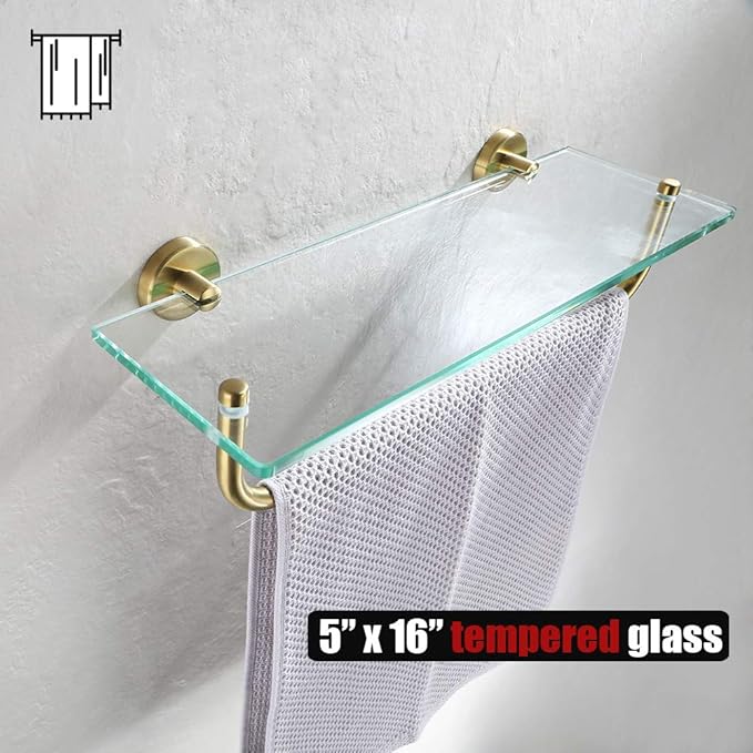 JQK Bathroom Glass Shelf, Shelf with 16 Inch Towel Bar Tempered Glass Shower Storage 16 by 5 inches, 304 Stainless Steel Brushed Gold Wall Mount, TGS100-BG