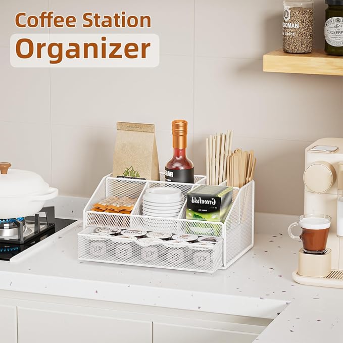 VITVITI Coffee Station Organizer for Countertop, Metal Coffee Bar Organizer Basket with Drawer, 6 Compartments Bar Station Holder for Pods Tea Bag, White