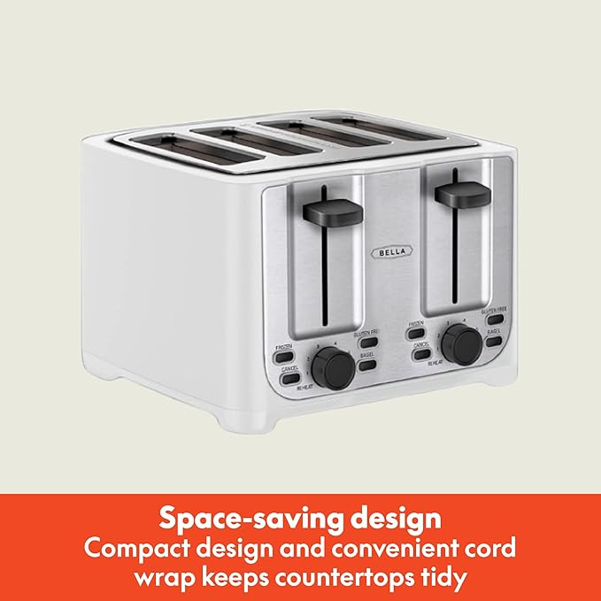 BELLA 4 Slice Toaster with Auto Shut Off - Extra Wide Slots & Removable Crumb Tray and Cancel, Defrost & Reheat Function - Toast Bread & Bagel, White