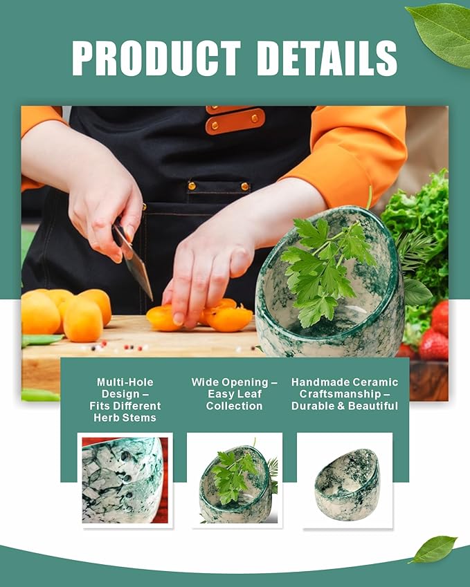 Handmade Ceramic Herb Stripper Bowl – Pottery Leaf Peeling Tool for Herbs & Greens, Multifunction Kitchen Gadget for Quick Herb Stripping & Grinding (Jade Green)