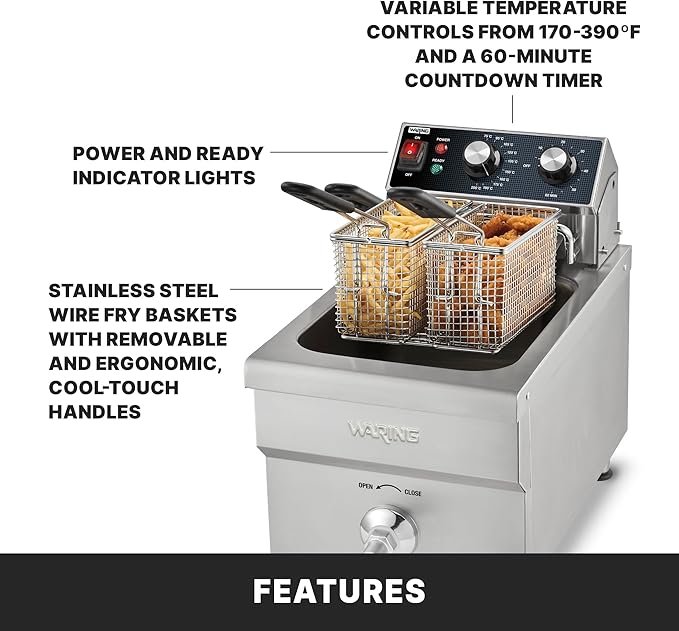 Waring Commercial 10lb Heavy-Duty Deep Fryer, for French Fries, Mozzerella Sticks, Chicken Wings, WDF1300