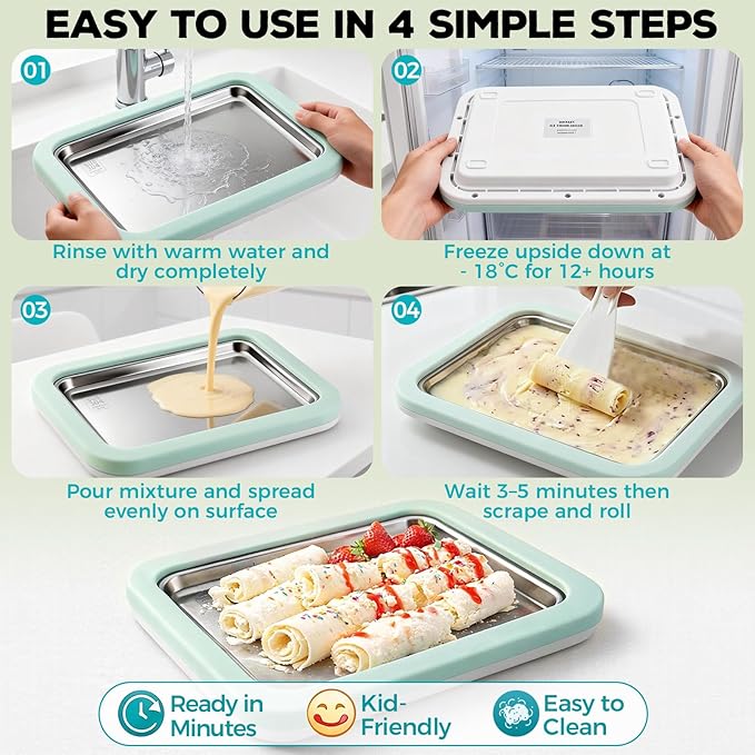 Rolled Ice Cream Maker with Quick Start Guide - DIY Instant Ice Cream Tray Kit, Includes 2 Scrapers for Manual Homemade Ice Cream Rolls, Frozen Yogurt, Sorbets & Slushies, No Electricity Needed（green）