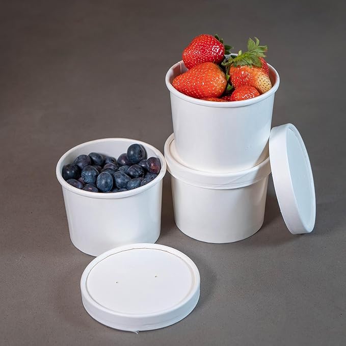 [250 Sets White Paper Food Containers With Vented Lids, To Go Hot Soup Bowls, Disposable Ice Cream Cups (8oz)