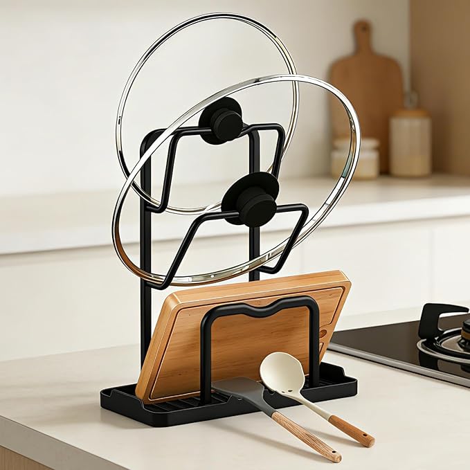 Kitchen Pot Lid Storage Rack: Carbon Steel Double Layer Pot Lid Organizer with Tray, Multifunctional Pot Lid Holder While Cooking, Saving Space Organizer Storage for Kitchen Countertop (Black)