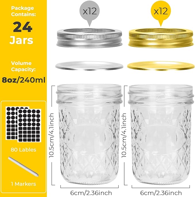 CycleMore Mason Jars 8 oz, 24 Pack Canning Jars with Mixed Color Airtight Lids, Half Pint Canning Jar Ideal for Fermenting, Jam, Honey, Pickling, Wedding/Shower Favors, DIY Decors