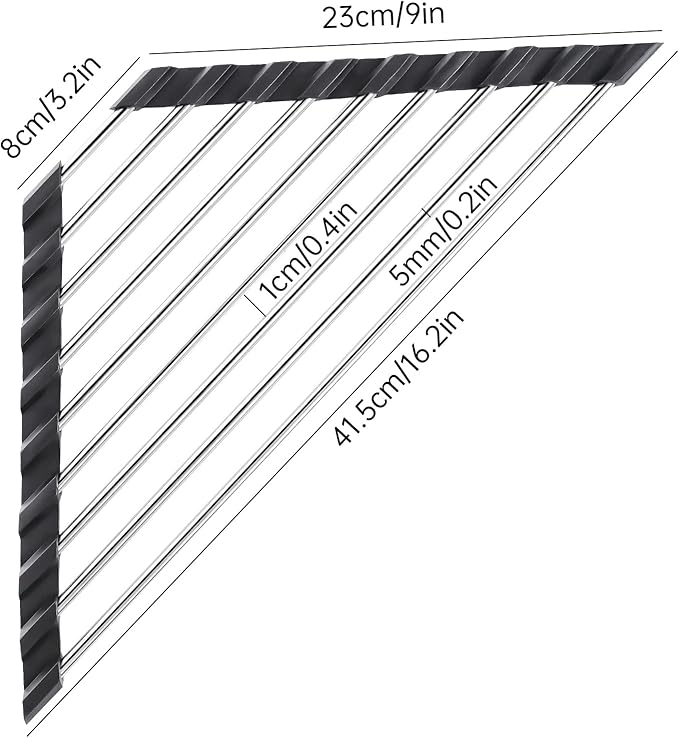 Tomorotec Foldable Stainless Steel Triangle Roll-Up Dish Drying Rack for Small Sink Corners - Over-The-Sink Multipurpose Kitchen Drainer, Rustproof Organizer, Trivet and Shelf - Space-Saving (Black)