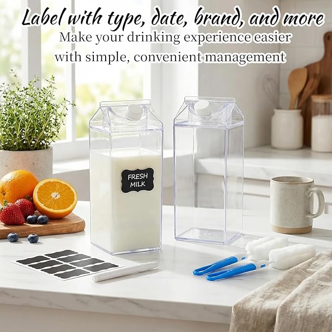 3 Pcs 64 Oz Large Clear Milk Carton Container with Brushes Labels and Pen Square Plastic Milk Water Bottle for Outdoor Camping or Climbing Tour