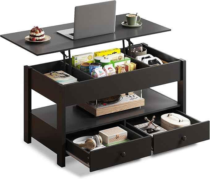 WLIVE Coffee Table, Lift Top Coffee Table with 2 Drawers, Large Hidden Compartment and Open Storage Shelf, Lift Tabletop, Dining Table for Living Room, Black