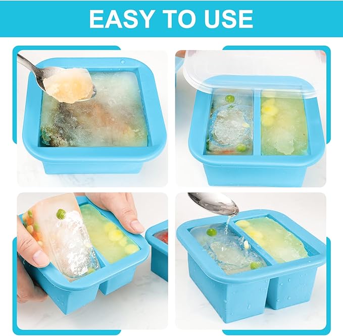 Silicone Freezer Tray with Lid 2 Pack Silicone Freezer Molds Ice Cube Tray Makes 4 Perfect 1 Cup Portions Soup Cubes Meal Prep Containers- Oven & Dishwasher Safe