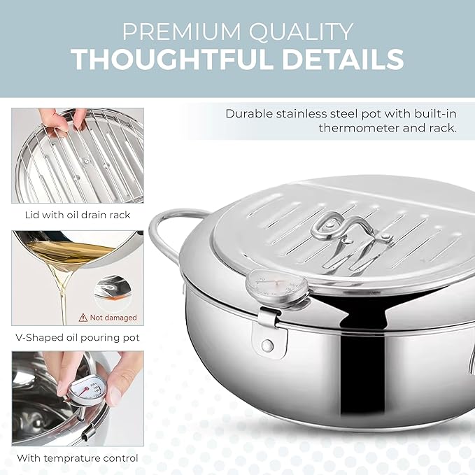Alpha Living SDF-04 Deep Fryer Pot – 11-Inch Stainless Steel Frying Pot with Oil Thermometer – Ideal for Deep Frying Chicken, Fries, Mini Donuts, Tempura & More – Frying Pan for Home Use