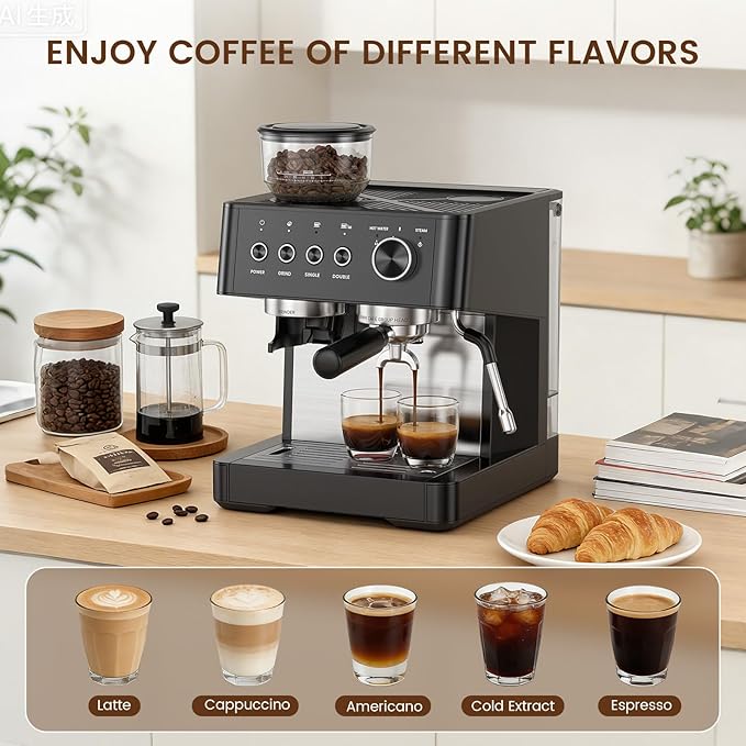 Kismile 20-Bar Espresso Machine with Grinder, Expresso Coffee Machines Coffee Maker with Grinder, Milk Frother/Steam Wand & Tamping Tools for Cappuccino & Latte