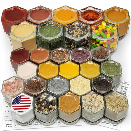 Magnetic Spice Jars Combo Pack 29 Pack (9 Large 4 oz + 20 Small 2 oz) Refrigerator Hexagon Glass Spice Jar Magnetic Lid Shaker Spice Labels Magnetic Glass Spice Container for RV Kitchen Fridge Cabinet