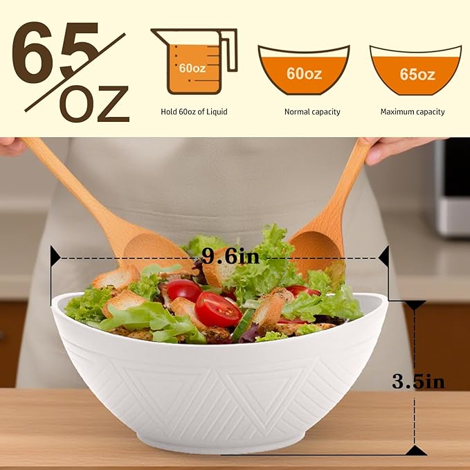 Homienly Wheat Straw Bowls, Large Salad Bowls Set of 6, 60 OZ Large Capacity Serving Bowl for Kitchen, Picnic, Camping,Lightweight Unbreakable Microwave and Dishwasher Safe Big Bowl - White