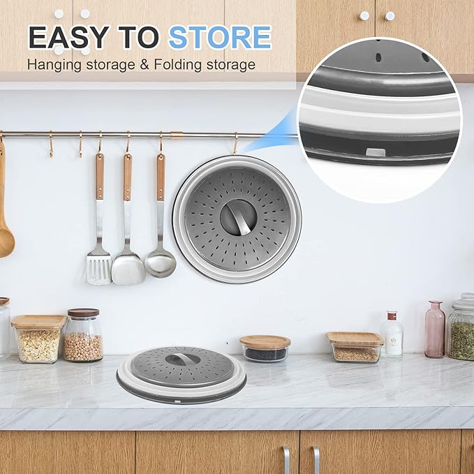 LekDrok Microwave Food Cover with Mat 12 Inch, Mat as Bowl Holder, Cover for Splatter Guard, Collapsible Lid for Plate Dish, Multi-Purpose Silicone Mat & Kitchen Colander Gadget for Meal Prep,Charcoal