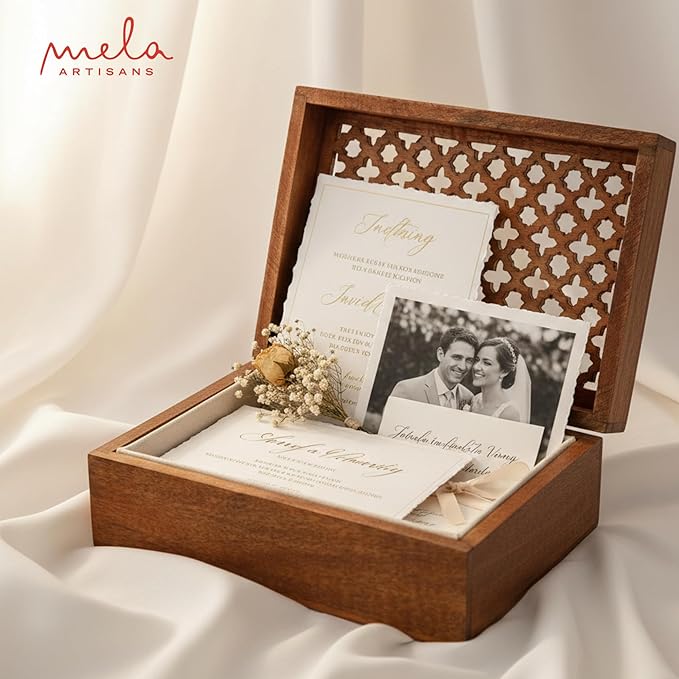 Mela Artisans Trellis Mango Wood Decorative Storage Box – Hand-Carved Wooden Jewelry Box for Keepsakes, Accessories & Home Decor – Medium Burnt, Large, 9 x 6 x 3.5