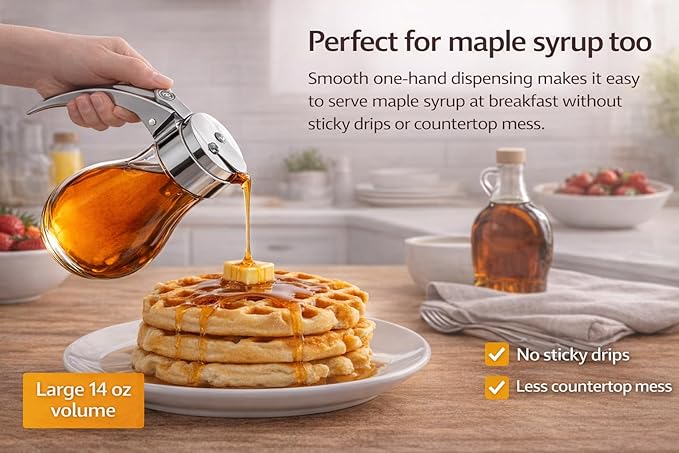 EHOMEA2Z Glass Honey Dispenser, 14 oz Syrup Dispenser with Metal Top, Maple Syrup Dispenser for Kitchen & Dining Table (2, 14 Oz)
