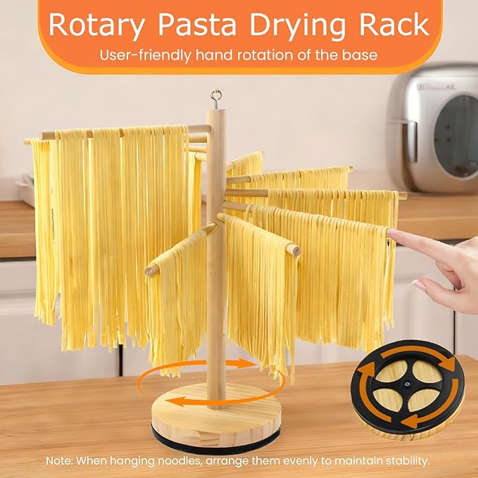 Rotary Pasta Drying Rack,Detachable Wood Pasta Rack with Pasta Molds & Stamps Ravioli with Pasta Cutter Wheel (4 pcs),Spaghetti Pasta Dryer Rack Collapsible Noodle Drying Rack Hanger Stand