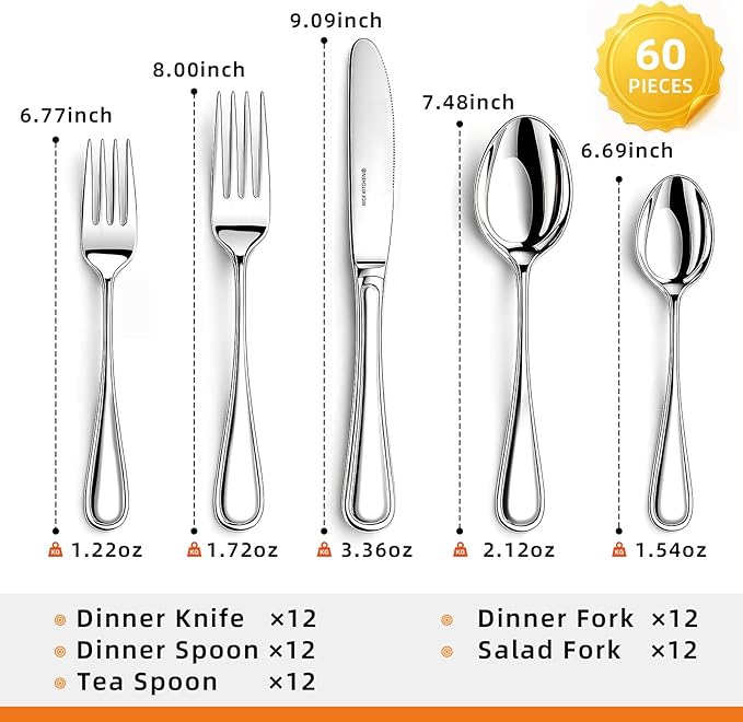 NICE KITCHEN Silverware set for 12,60 Pieces Premium Stainless Steel Silverware set,Mirror Polished Cutlery Set,Flatware Set for 12,Dishwasher Safe,Luster Series