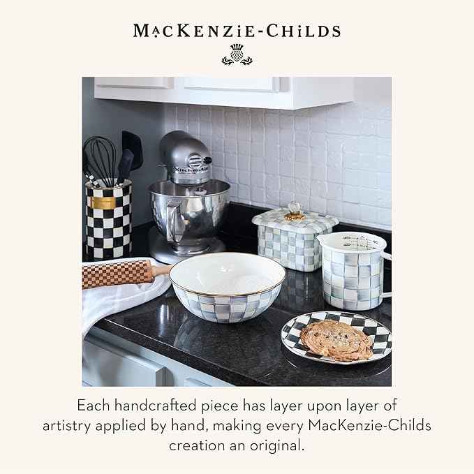MACKENZIE-CHILDS Enamel Recipe Box, Index Card Box with Lid, Includes 40 Recipe Cards, Gray-and-White Sterling Check