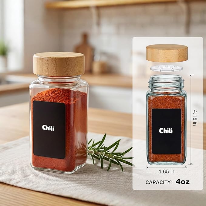 24 Pack Square Glass Spice Jars with Bamboo Lids, 4oz Spice Containers with Shaker Inserts and Labels, Airtight Seasoning Organizer for Spice Rack, Cabinet, Drawer - Grinder & Funnel Included