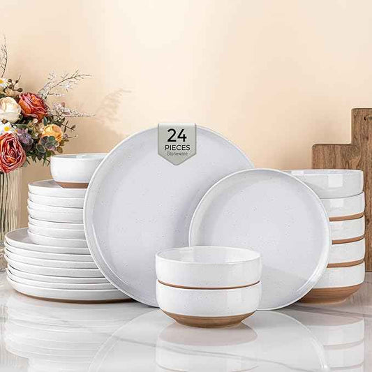 AmorArc Ceramic Dinnerware Sets for 8, 24 Pieces Handpainted Plates and Bowls Set with Rustic Terracotta Underside, Scratch Resistant Stoneware Dishes Set, Dishwasher & Microwave Safe, White