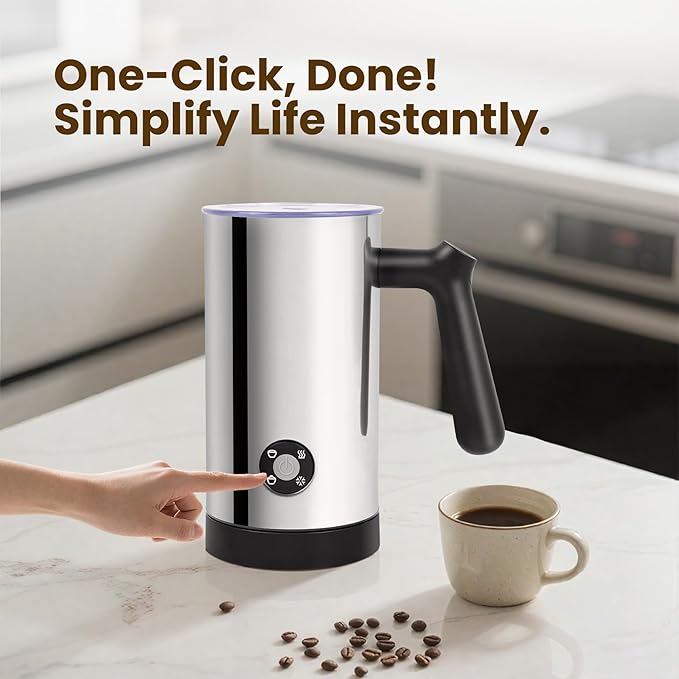 Milk Frother, 4-in-1 Milk Frother and Steamer, 10.6oz Electric Milk Steamer, Automatic Cold and Hot Foam Maker for Lattes, Cappuccinos, Ceramic Lining Interior (Polished)