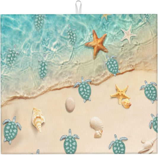 Sea Turtles Beach Dish Drying Mat for Kitchen Counter Washable Absorbent Reversible Microfiber Teal Nautical Decor Drying Pad Kitchen Accessories 16x18 Inch Yellow