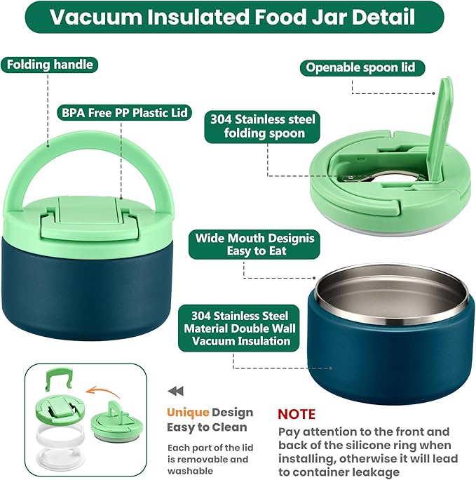 Bento Lunch Box for Kids with 8oz Soup Thermo,Kids Leakproof Lunch Food Containers with 4 Compartment,Kid Insulated Thermo Hot Food Jar for School,Trvael-Green