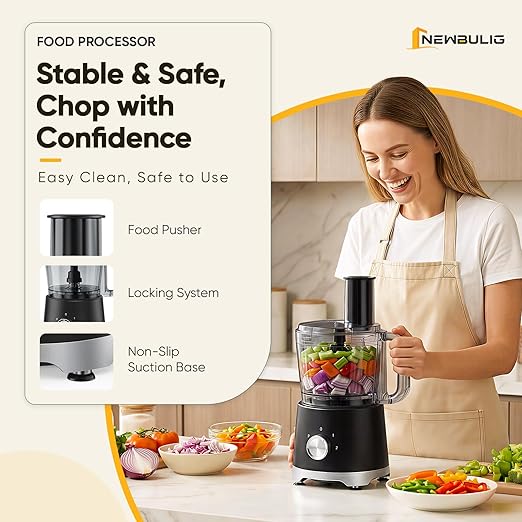 NEWBULIG Food Processor 10.5 Cup, Vegetable Choppers with Slicing Shredding Chopping Kneading, Dishwasher Safe, Food Grinder, Stainless Steel Blades, for Smoothie Fruit Dough, 2.6QT