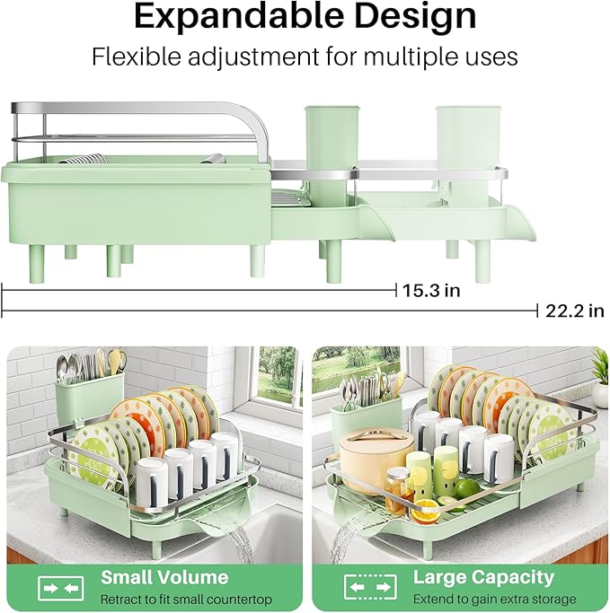 SAYZH Dish Drying Rack - Expandable Dish Rack for Kitchen Counter, Rust-Resistant Dish Drainer with Utensil Holder and Raised Guardrail, Kitchen Organizer for Cup and Bottle (Green)