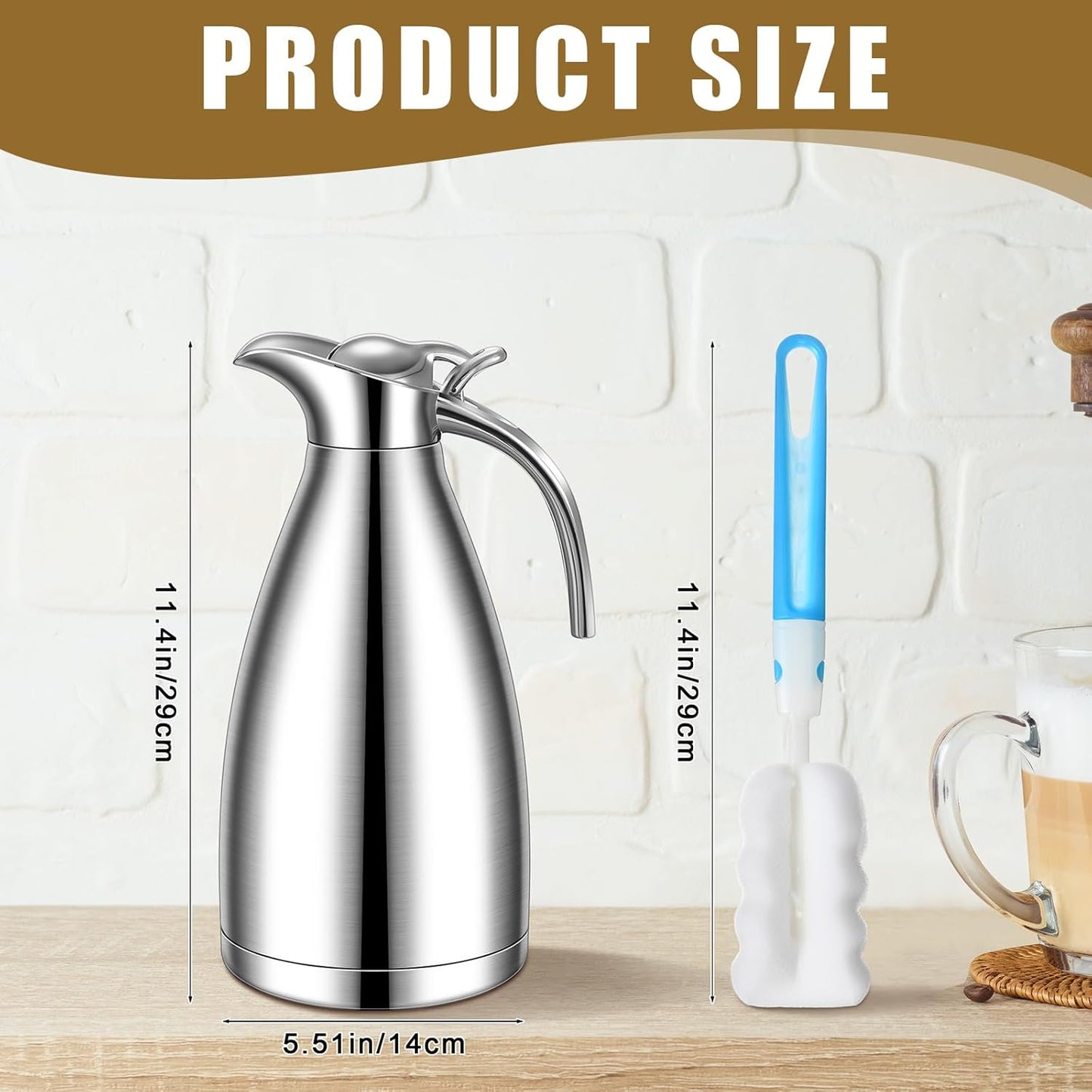 Uiifan 2 Pcs 68 oz Thermal Coffee Carafe Insulated Stainless Steel Coffee Carafe for Hot Liquids Vacuum Thermal Pot Creamer Dispenser with Brushes Keeping Hot Tea Milk Water(Silver)