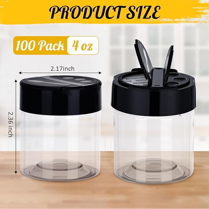 100 Pack 4 oz Spice Jars Plastic Clear Empty Bottles with Shaker Lids Bulk Reusable Seasoning Containers for Herbs Spices Powders Glitter