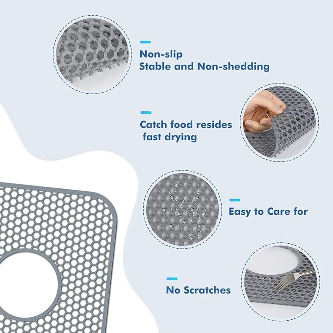 Bestjing 2 Pack Silicone Sink Protectors for Kitchen Sink with Center Drain, 13.58''x 11.6'' Non-Slip Heat Resistant Mat Grid for Bottom of Stainless Steel Porcelain (Center Hole)