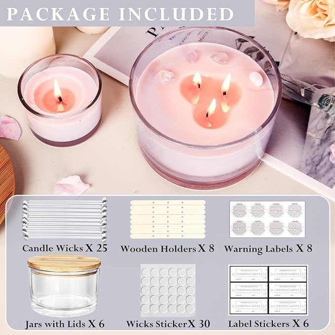 CONNOO 24oz Clear Glass Candle Jars 6 Pack, Multi-Wick Wide Mouth Empty Bulk Candle Containers for Making Candles with Airtight Bamboo Lids, Sticky Warning Labels, Wick kit- Dishwasher Safe