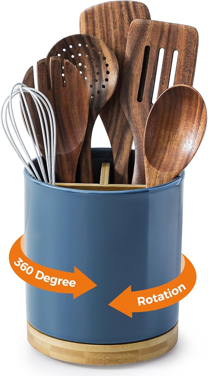 LoeJan 3 Compartment Utensil Holder, Extra Large Utensil Crock, Stable Ceramic Utensil Organizer, Cooking Tool Organizer Set for Kitchen Counter Farmhouse Decor, Blue