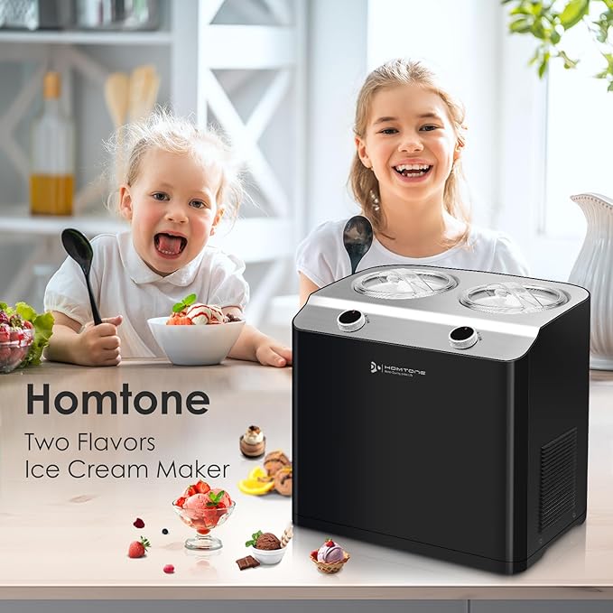 Homtone 2 Flavor Ice Cream Maker,Automatic Compressor Ice Cream Maker Machine with 2 Bowls,2.6QT (2 x 1.3qt) Largest Capacity & Fastest Freezing Ice Cream Machine, 3 Modes, Keep Cool Function